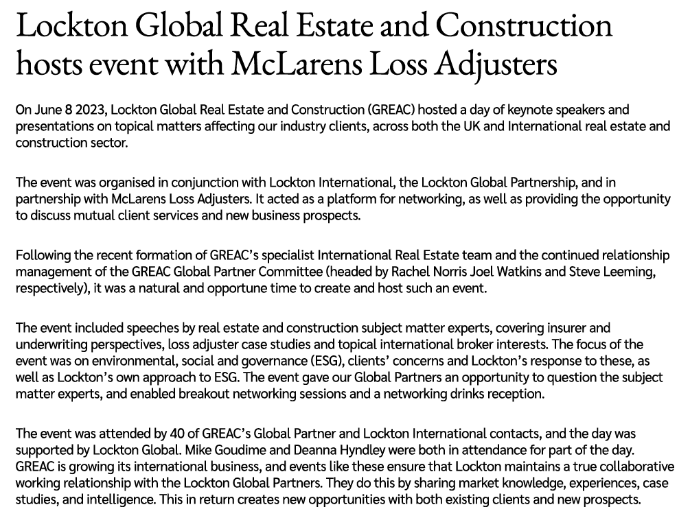 Lockton Global Real Estate and Construction hosts event with McLarens Loss Adjusters On June 8 2023, Lockton Global R...