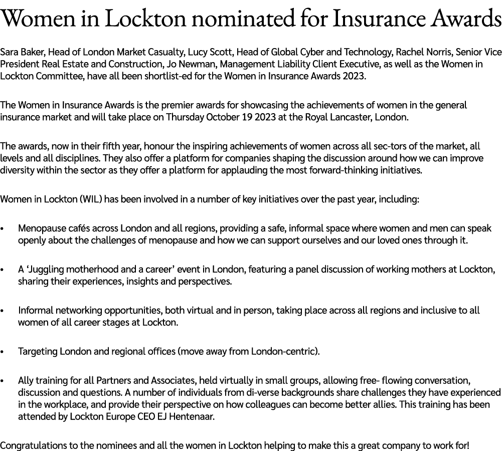 Women in Lockton nominated for Insurance Awards Sara Baker, Head of London Market Casualty, Lucy Scott, Head of Globa...