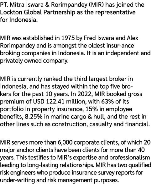 PT. Mitra Iswara & Rorimpandey (MIR) has joined the Lockton Global Partnership as the representative for Indonesia. M...